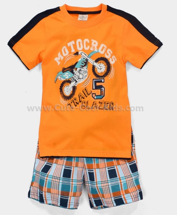 ชุดเสื้อเด็ก+กางเกง สีส้มลายมอเตอร์ไซค์