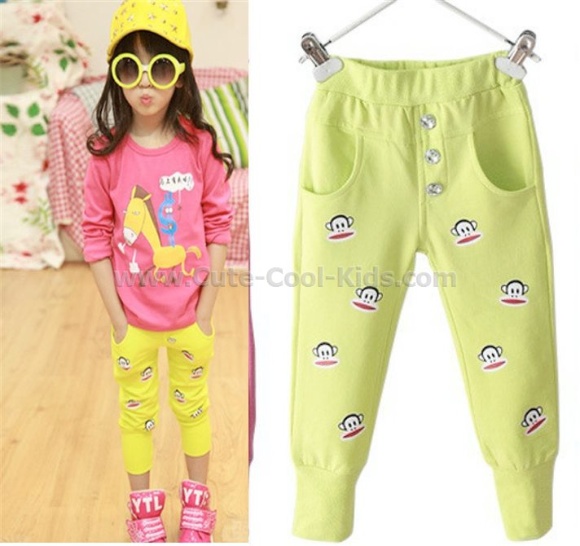 กางเกงขายาวเด็กหญิง สกรีนลายลิง สีเหลือง 100- 110- 120(5) 130-